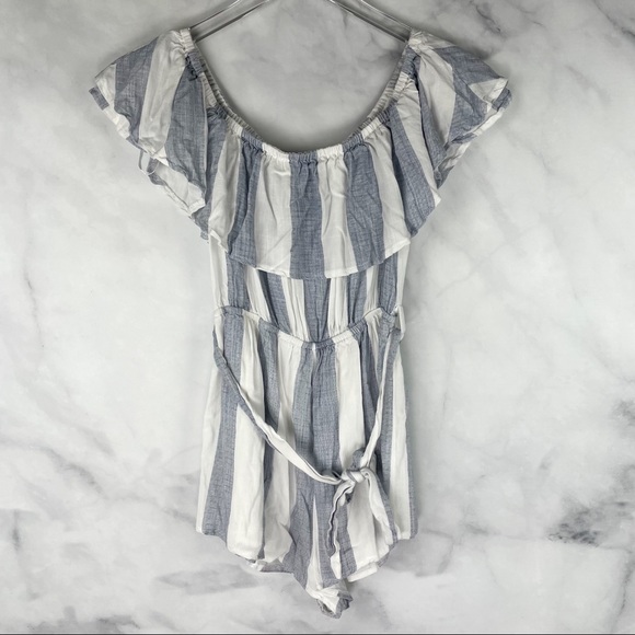 LF Seek the Label Off-the-Shoulder Striped Ruffle Belted Romper Boho Retro S - Picture 4 of 9
